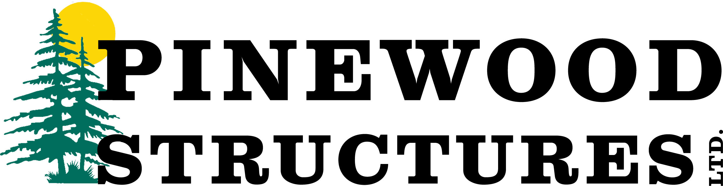 Logo with a green pine tree and yellow sun on the left, next to the bold black text "PINEWOOD STRUCTURES" on a light background.